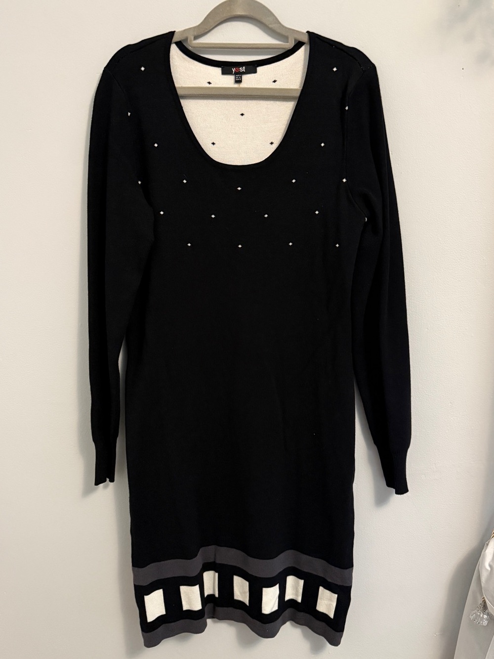 Black Long Sleeve Knit Dress with Decorative Hem and Rhinestone Accents
